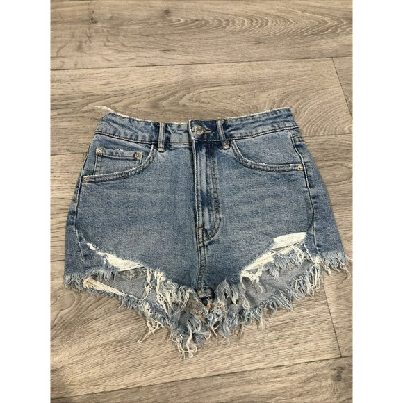 Zara Pants - NEW Zara High Rise Cut Off Shorts US 2 Stretch Denim Blue Distressed